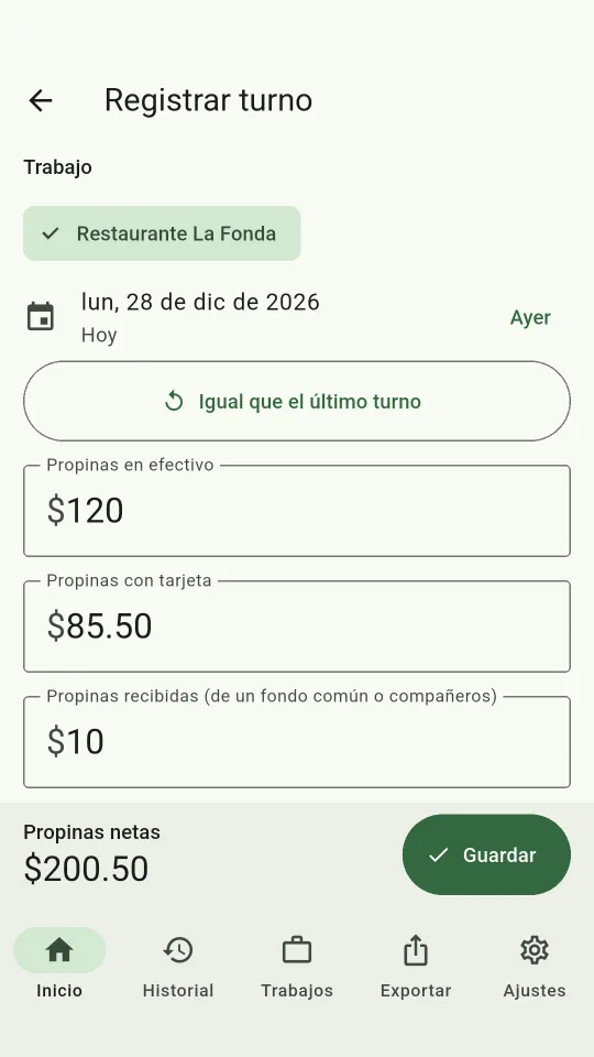 Pantalla Registrar turno: $120 en efectivo, $85.50 con tarjeta, $10 recibidas, $15 repartidas, 6.5 horas, $200.50 netas.