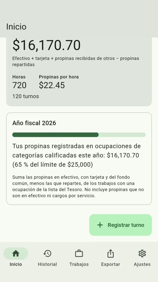 Inicio en Año: $16,170.70 en propinas netas y un medidor al 65 % del límite de $25,000.