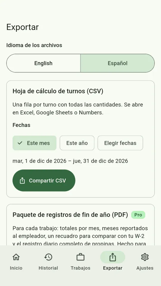 Pantalla Exportar: exportación CSV, el paquete PDF de registros de fin de año y el reporte para el empleador.
